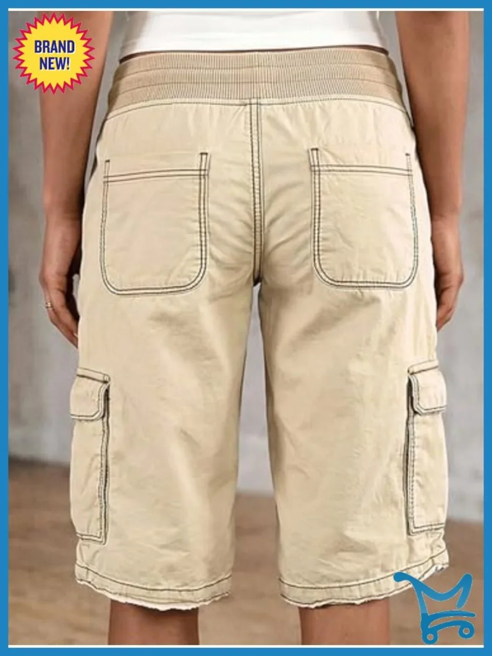 Women Elastic Mid Rise Contrast Stitch Drawstring Cargo Denim Bermuda Shorts
